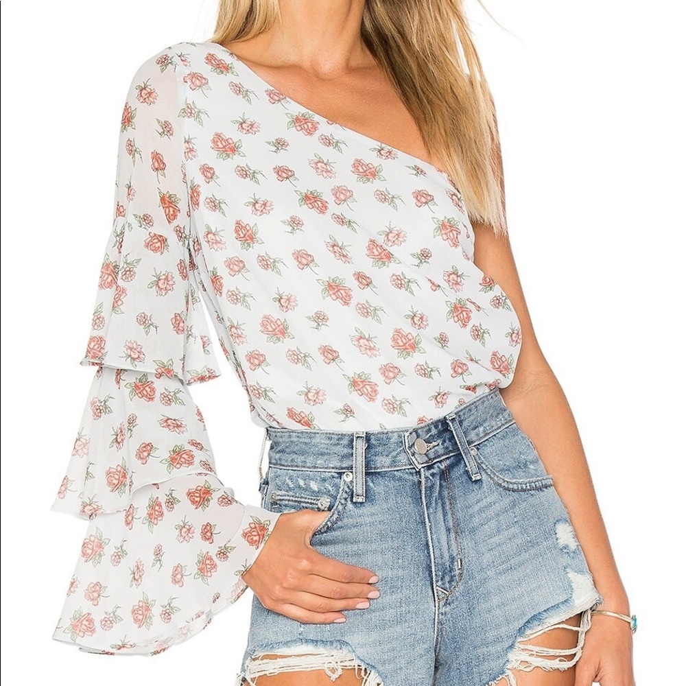 Lovers + Friends One Shoulder Blouse Blue Floral